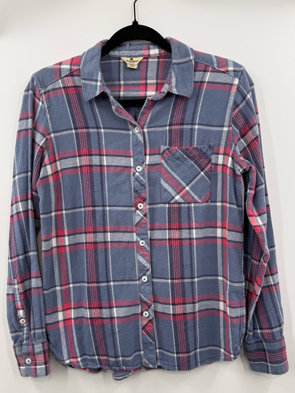 Woolrich Blue Pink Plaid Flannel Button Down Shirt Long Sleeve Size Medium